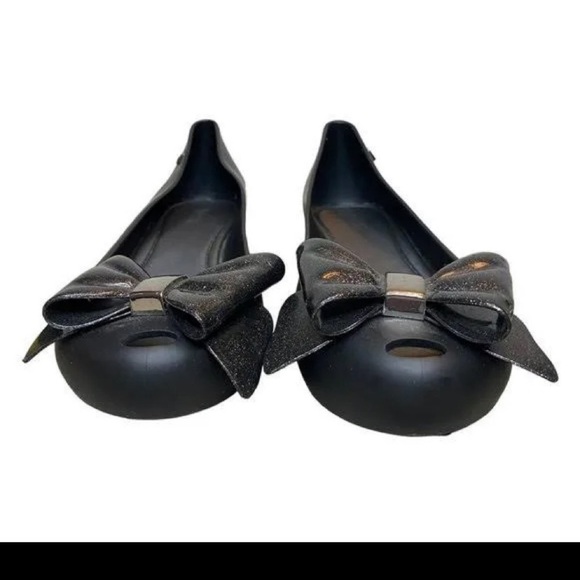 MELISSA  9 Black Jelly Ballet Flat with Glitter Bow - Picture 10 of 12